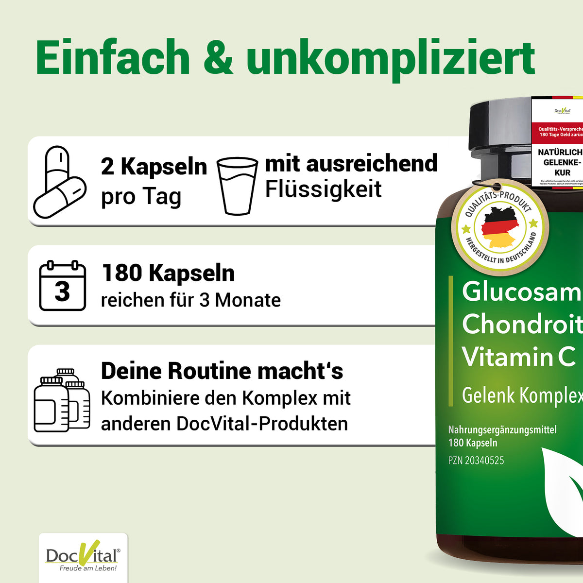 DocVital Gelenk Komplex Forte - Einfach & unkompliziert: 2 Kapseln taeglich mit ausreichend Fluessigkeit, 180 Kapseln reichen fuer 3 Monate