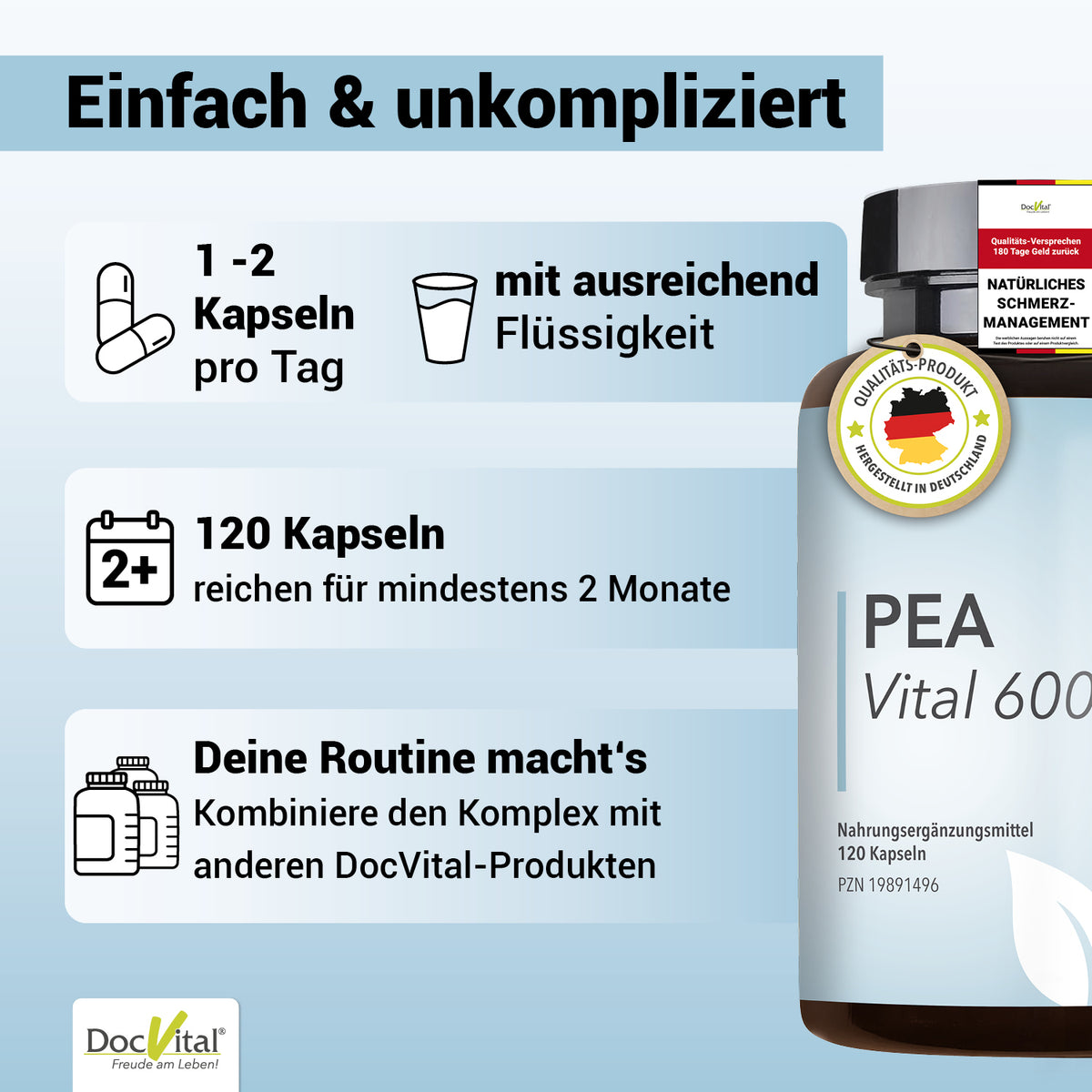 DocVital PEA Vital 600 - Einfach & unkompliziert: 1-2 Kapseln taeglich mit ausreichend Fluessigkeit, 120 Kapseln reichen fuer mindestens 2 Monate