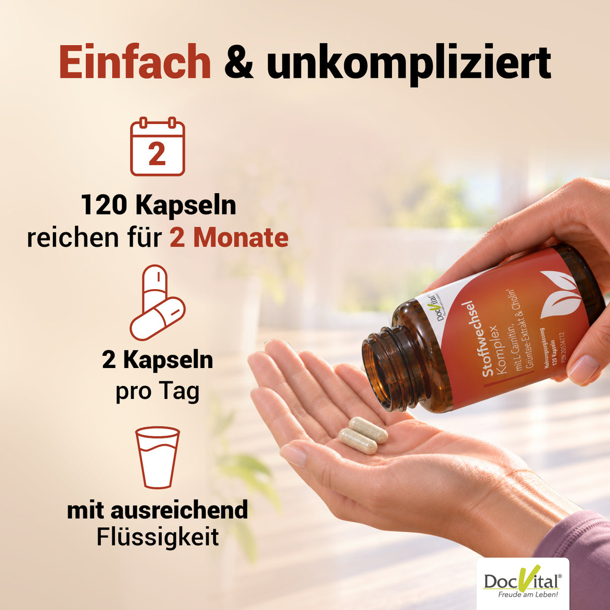DocVital Stoffwechsel Komplex - Einfach & unkompliziert: 2 Kapseln taeglich mit ausreichend Fluessigkeit, 120 Kapseln reichen fuer 2 Monate