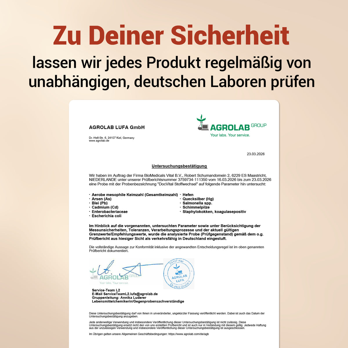 Laboranalyse-Zertifikat (AGROLAB) fuer DocVital Stoffwechsel Komplex - Zu Deiner Sicherheit: regelmaessig von unabhaengigen deutschen Laboren geprueft