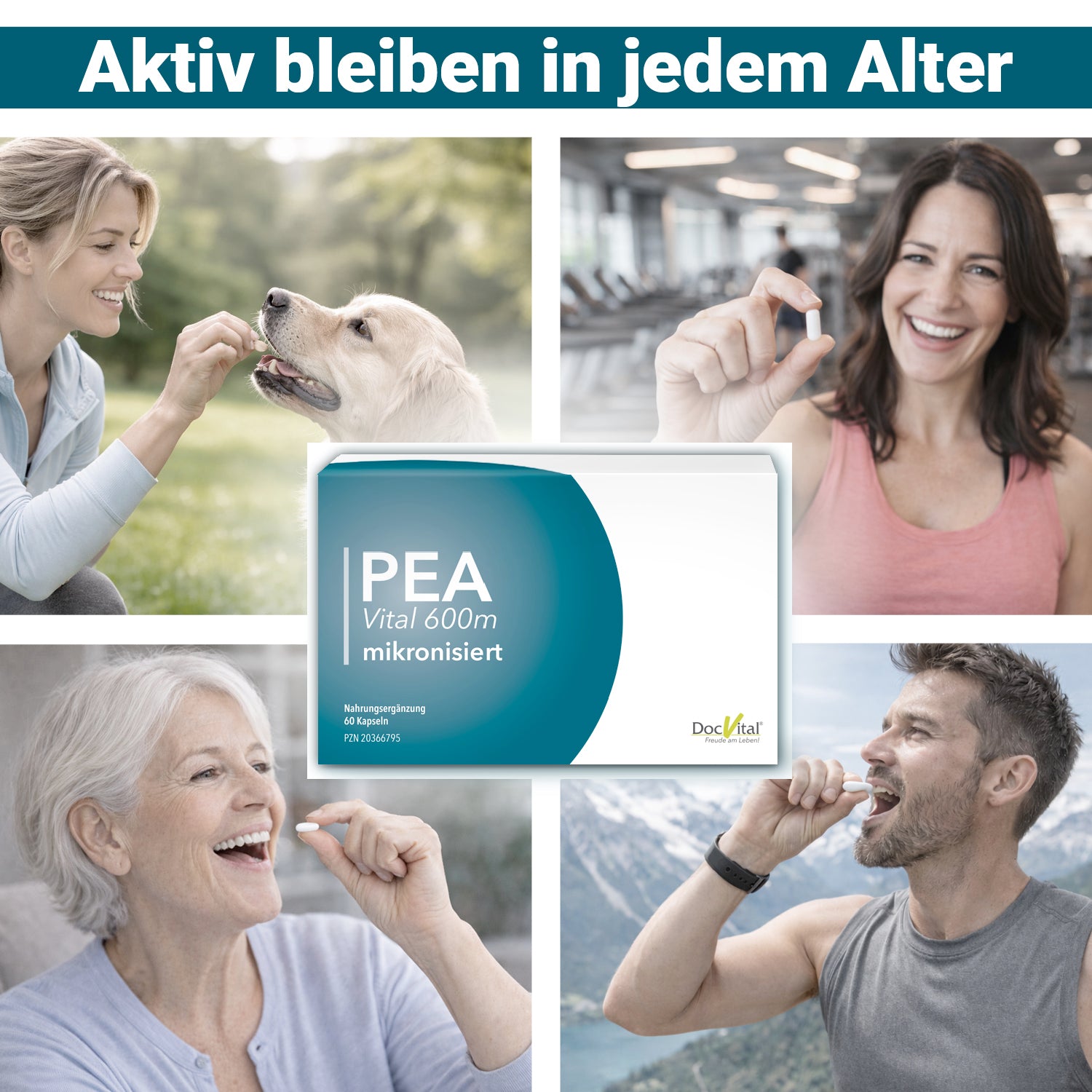Mehrere Personen unterschiedlichen Alters nehmen mikronisiertes PEA – Damen im Fitnessstudio, Wanderer, Hunde und ältere Menschen – Aktiv bleiben in jedem Alter