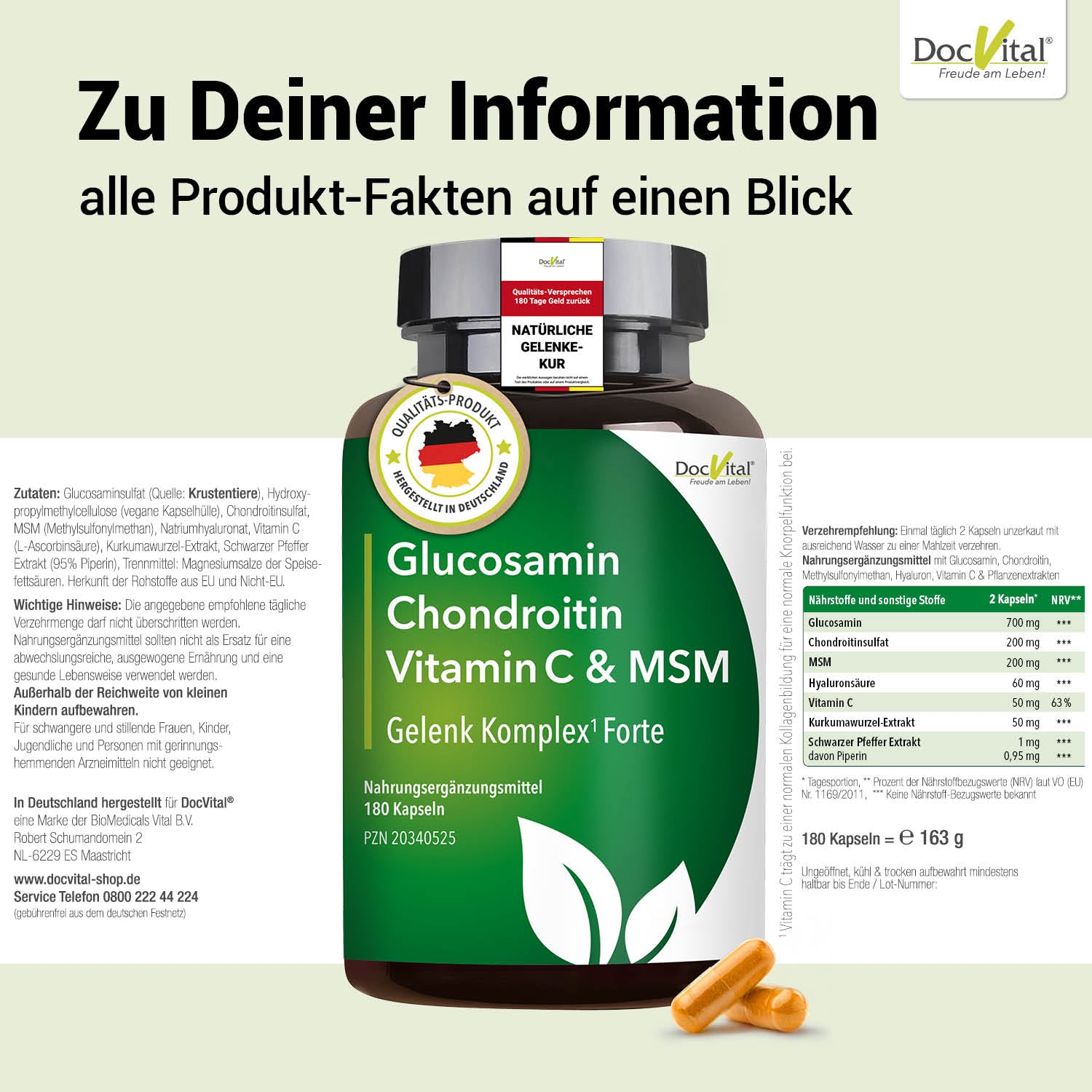Glucosamin Chrondroitin Vitamin C & MSM Gelenk Komplex Forte DocVital alle Produkt-Fakten auf einenen Blick 