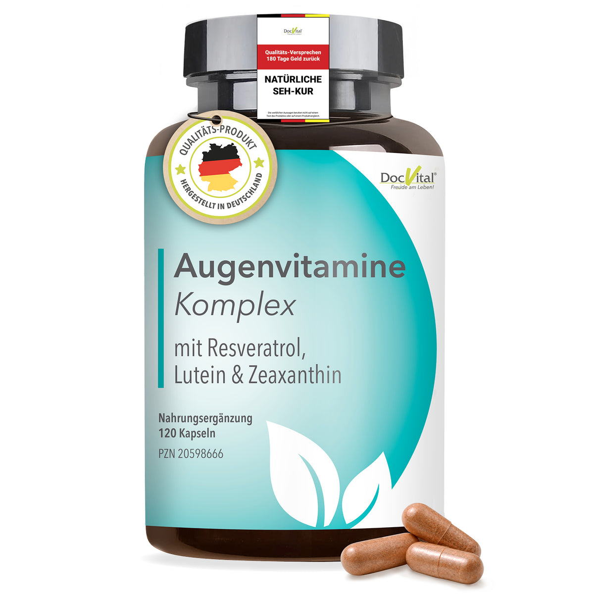 DocVital Augenvitamine Komplex - Dose mit Resveratrol, Lutein und Zeaxanthin (120 Kapseln), Natuerliche Seh-Kur, Guetesiegel Hergestellt in Deutschland