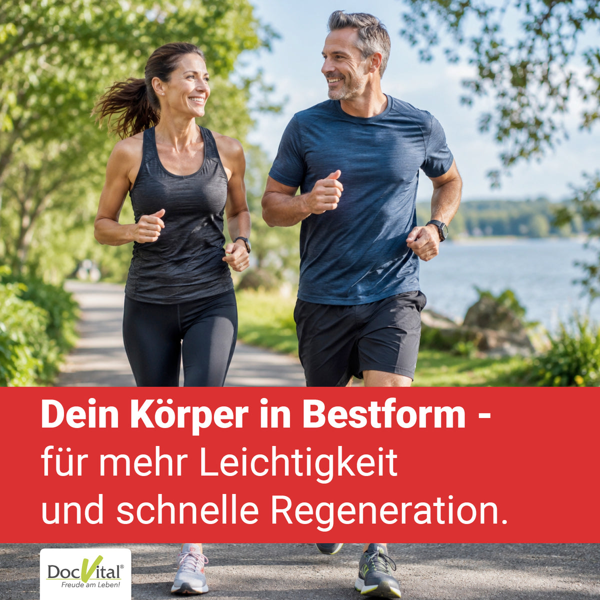 Joggendes Paar im Freien, Slogan „Dein Körper in Bestform – für mehr Leichtigkeit“ (dieses Bild scheint faelschlich aus der PEA-Vital-Kampagne uebernommen und passt inhaltlich nicht zu Enzym Komplex)