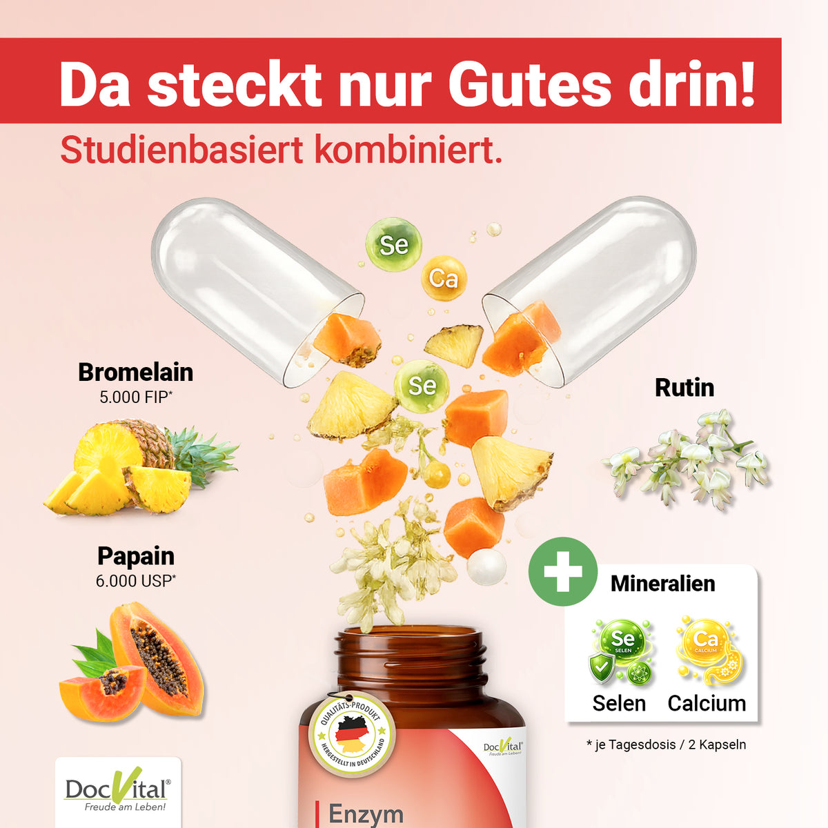 DocVital Enzym Komplex - Da steckt nur Gutes drin: Bromelain (5.000 FIP) und Papain (6.000 USP) aus Ananas und Papaya, plus Selen und Calcium