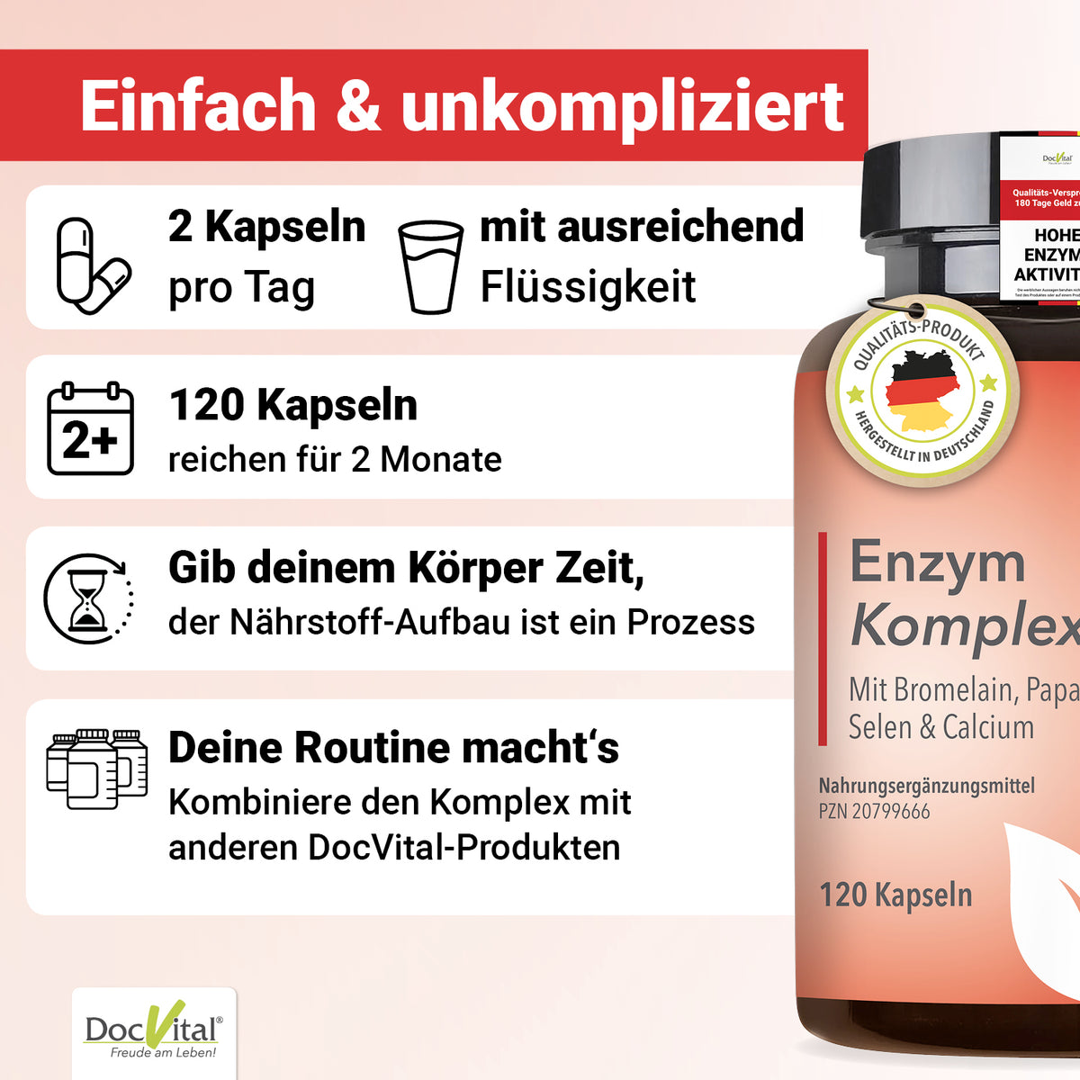 DocVital Enzym Komplex - Einfach & unkompliziert: 2 Kapseln taeglich mit ausreichend Fluessigkeit, 120 Kapseln reichen fuer 2 Monate