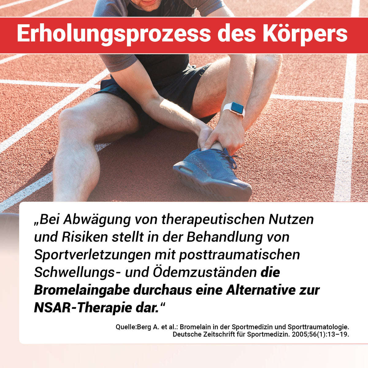 DocVital Enzym Komplex - Erholungsprozess des Koerpers: wissenschaftliches Zitat zu Bromelain als natuerliche Alternative bei Sportverletzungen (Quelle: Deutsche Zeitschrift fuer Sportmedizin, 2005)