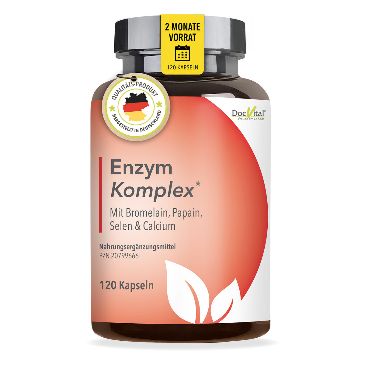DocVital Enzym Komplex - Dose mit Bromelain, Papain, Selen, Calcium und Rutin (120 Kapseln, 2 Monate Vorrat), Guetesiegel Hergestellt in Deutschland