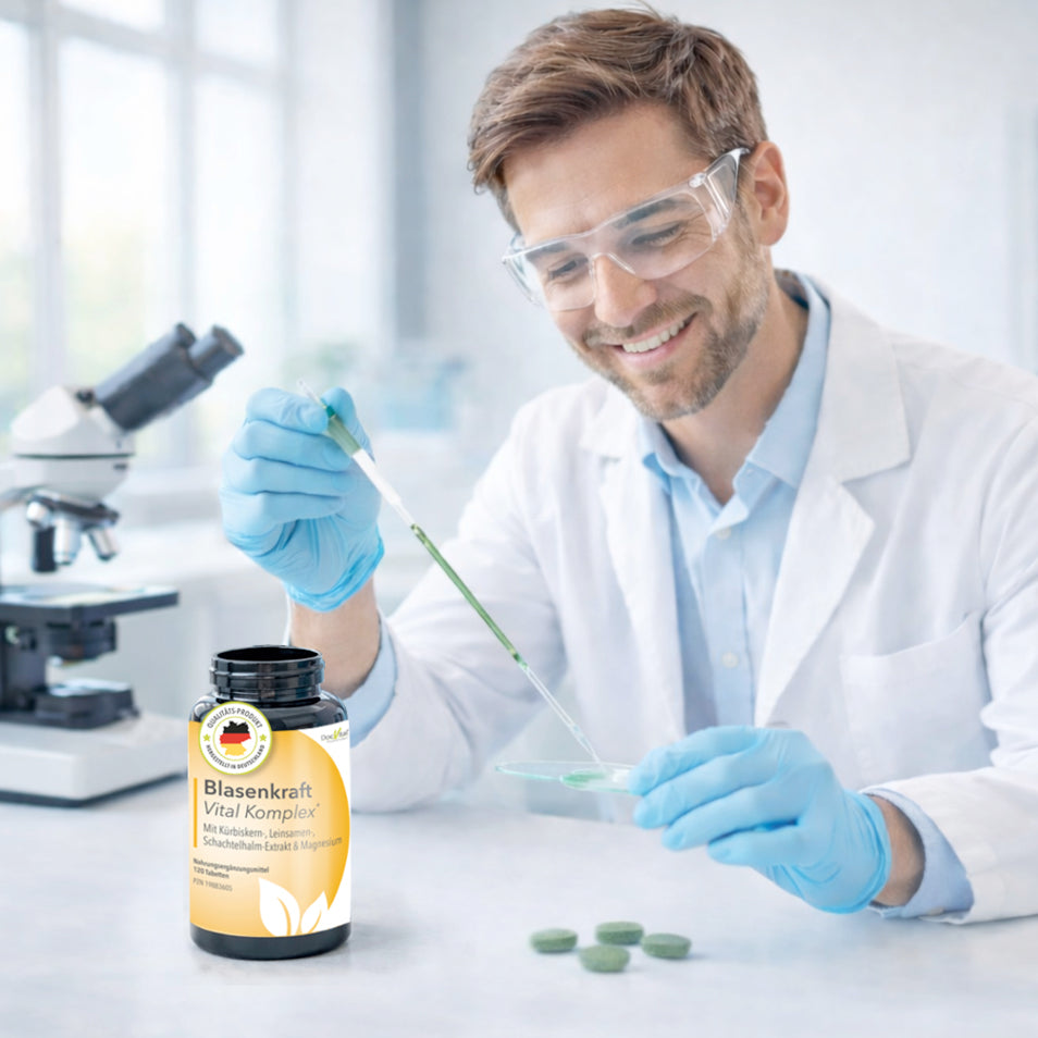Wissenschaft trifft Natur bei DocVital – Laborwissenschaftler testet die Qualitaet des Blasenkraft Vital Komplex