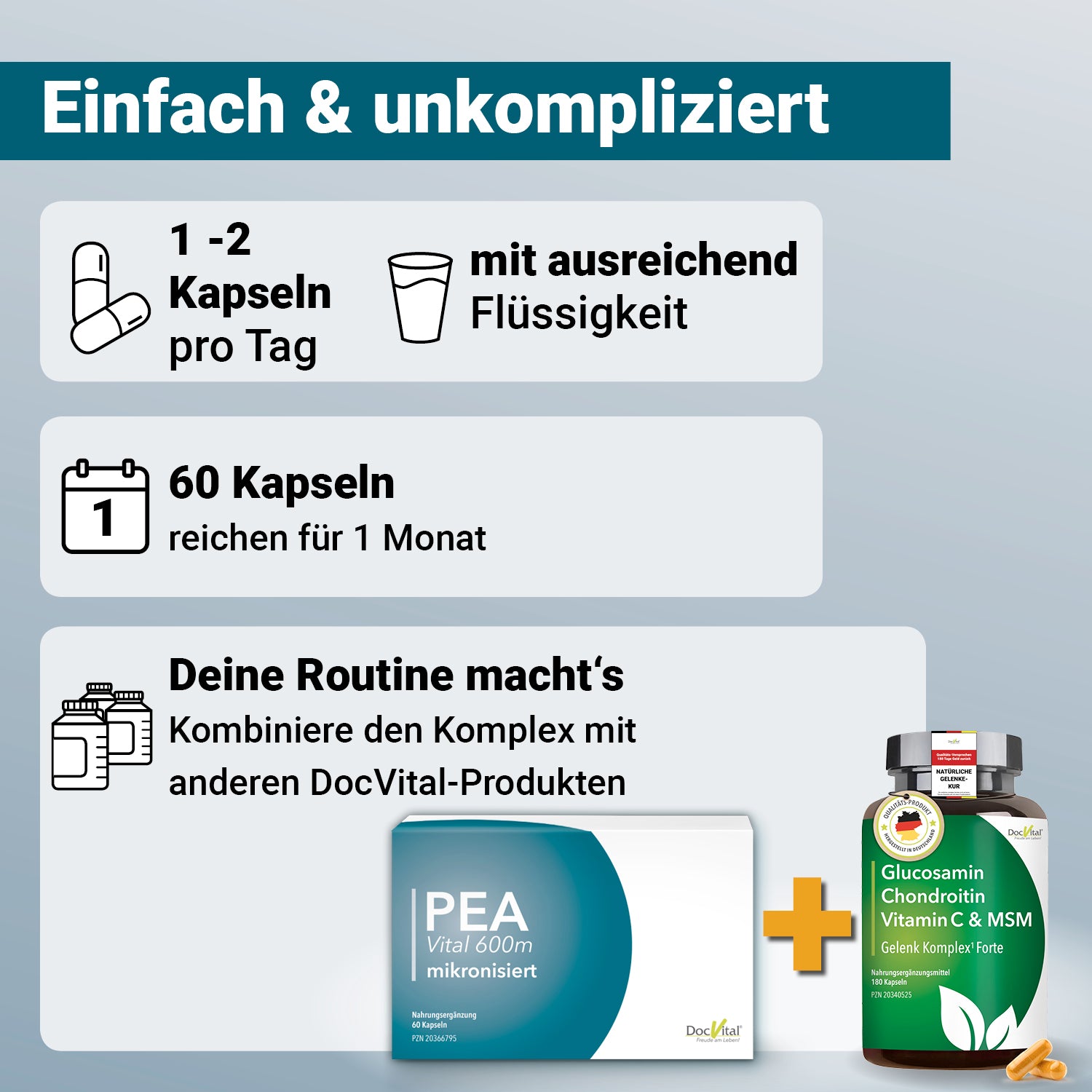Einfach & unkompliziert – 1 bis 2 Kapseln pro Tag. 60 Kapseln reichen für 1 Monat. Deine Routine machts: Kombiniere mikronisiertes PEA mit unserem Gelenk Komplex Forte.