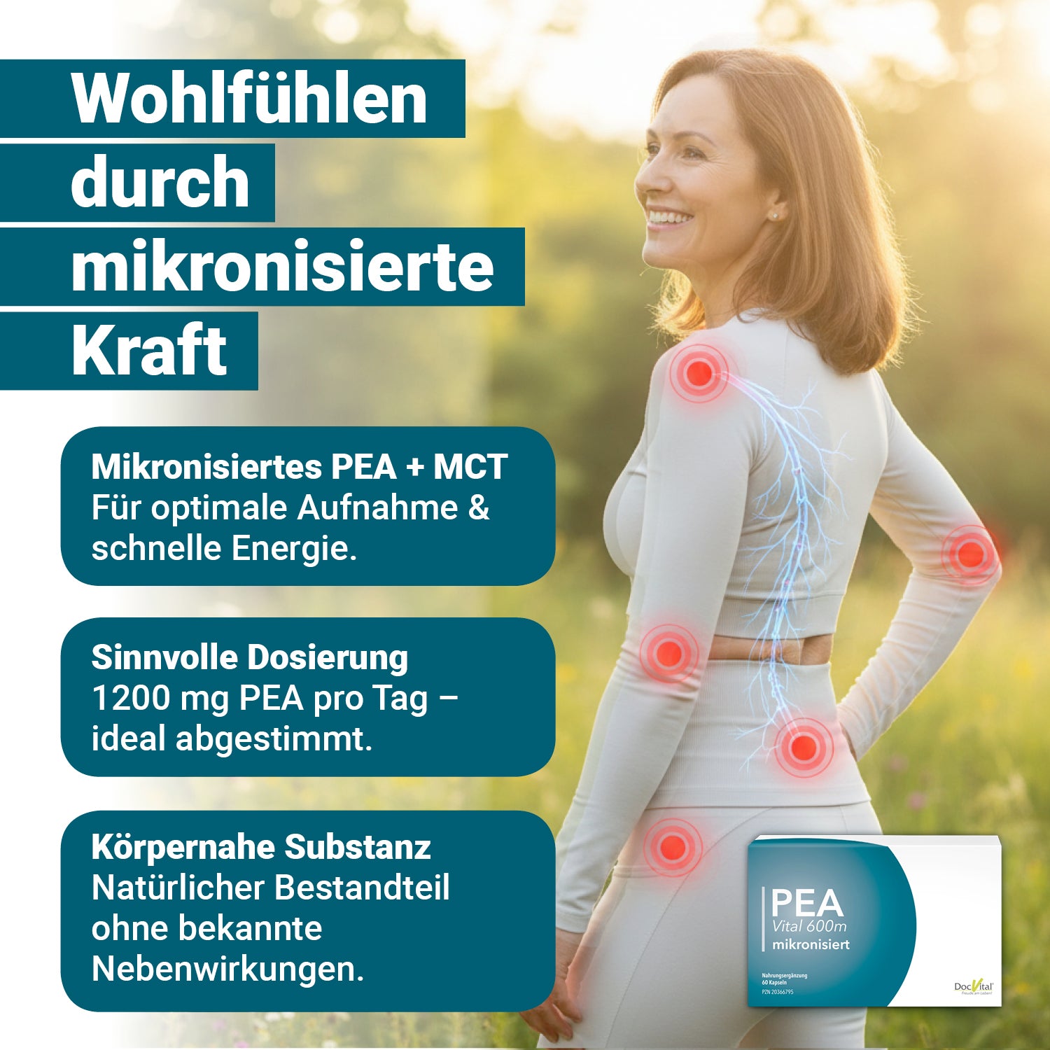 Wohlfühlren durch mikronisierte Kraft – 3 Vorteile: mikronisiertes PEA + MCT, sinnvolle Dosierung, körpernahe Substanz